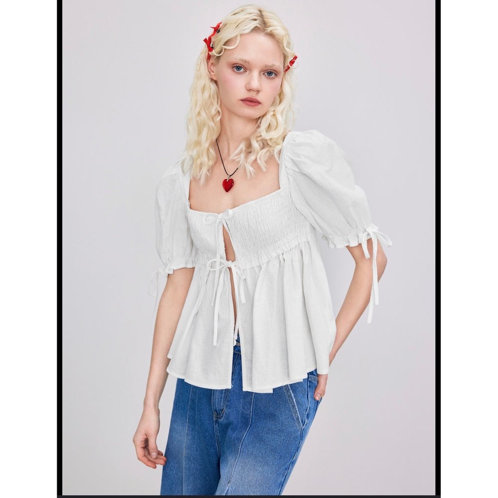 Cider White Square Neck Puff Sleeve Smocked Tie Front‎ Peplum Top XS